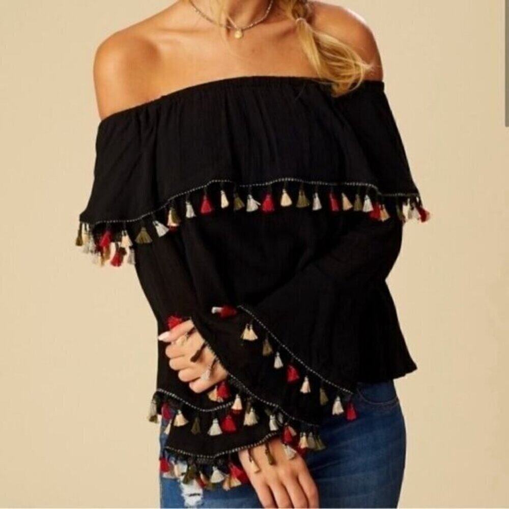 Altar'd State Black Off Shoulder Shirt Marisol Top Tassels Small